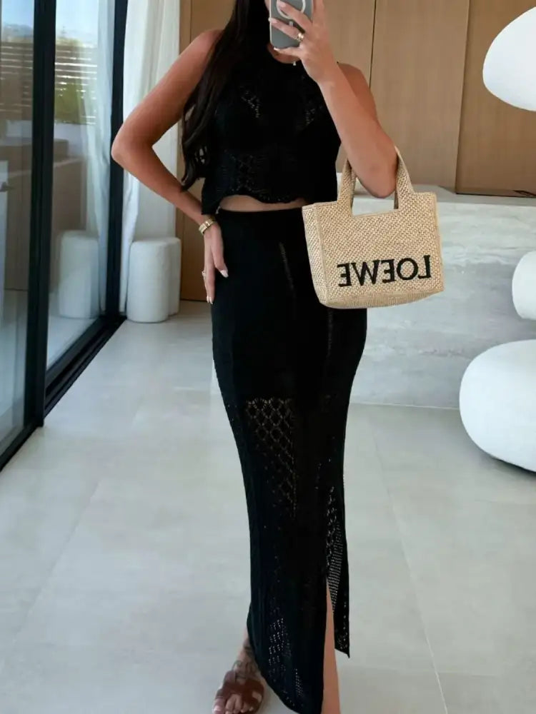Openwork Round Neck Top and Slit Skirt Sweater Set