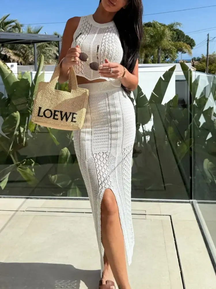 Openwork Round Neck Top and Slit Skirt Sweater Set