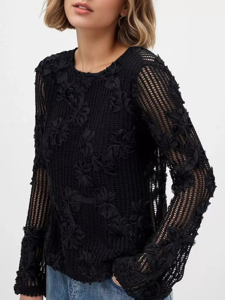 Openwork Tied Back Long Sleeve Blouse