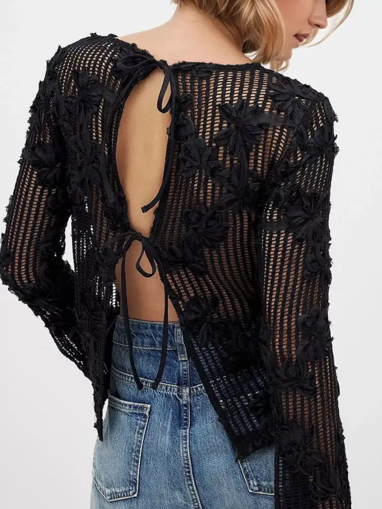 Openwork Tied Back Long Sleeve Blouse
