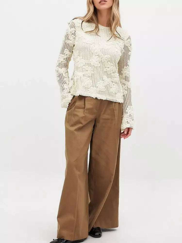 Openwork Tied Back Long Sleeve Blouse