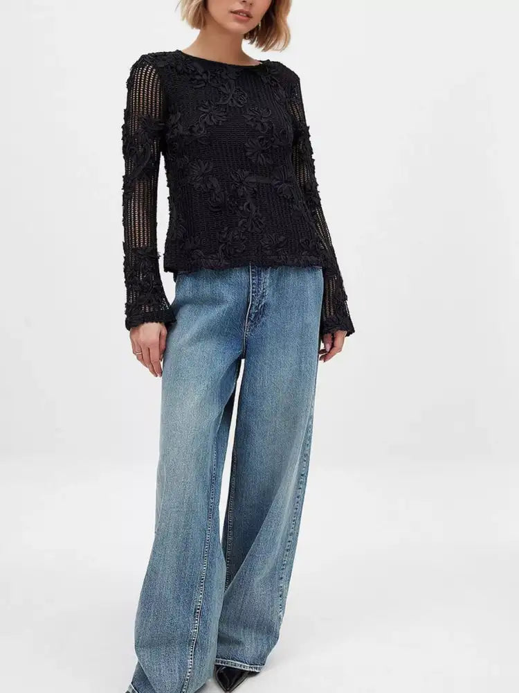 Openwork Tied Back Long Sleeve Blouse