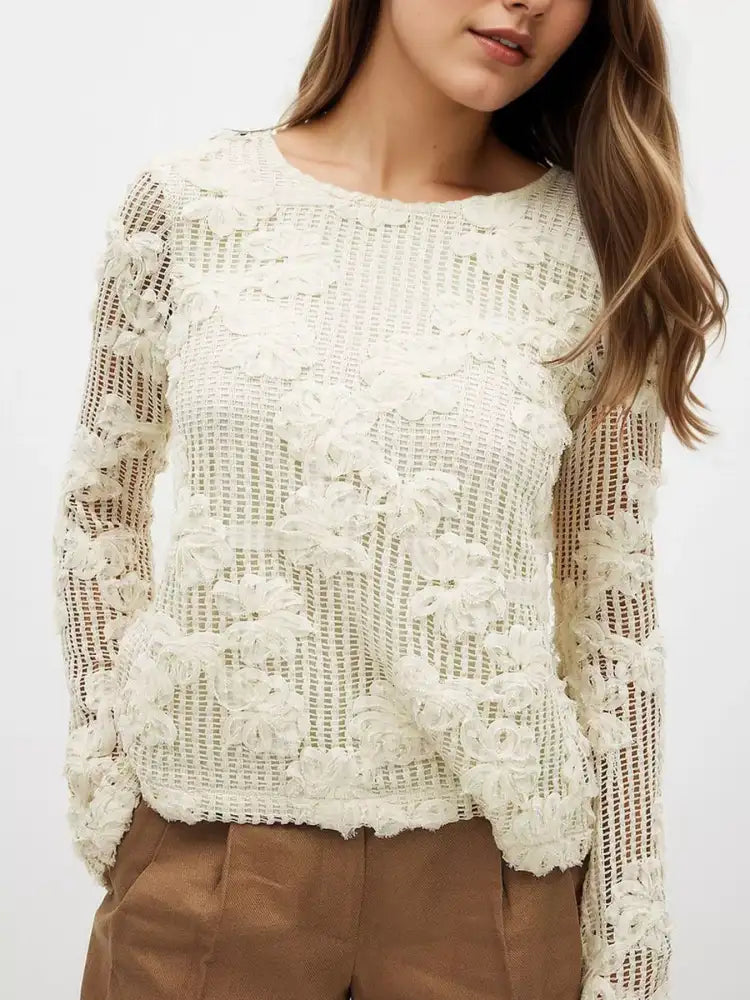 Openwork Tied Back Long Sleeve Blouse