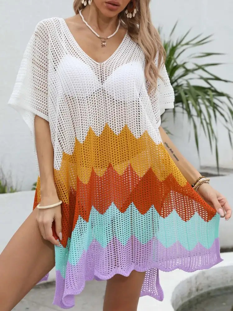 Openwork V-Neck Half Sleeve Cover-Up