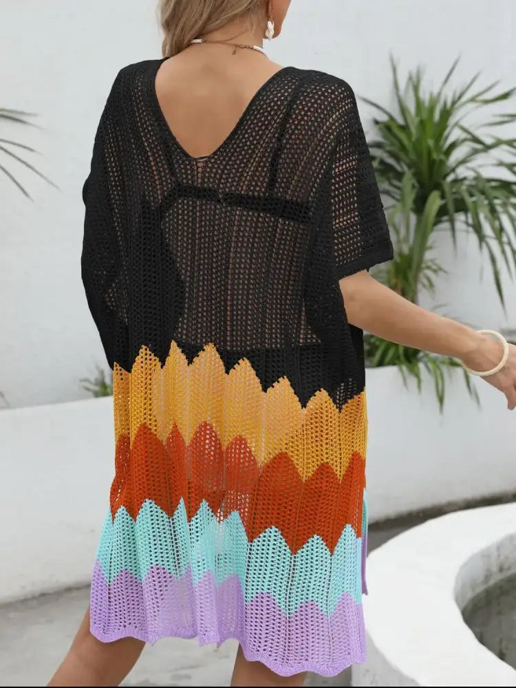 Openwork V-Neck Half Sleeve Cover-Up