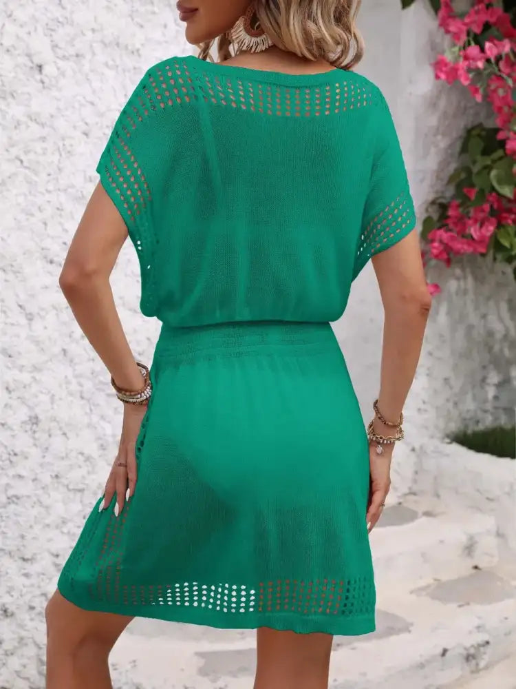 Openwork V-Neck Short Sleeve Cover-Up Dress