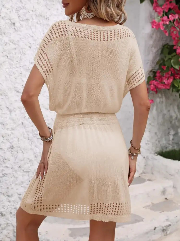 Openwork V-Neck Short Sleeve Cover-Up Dress