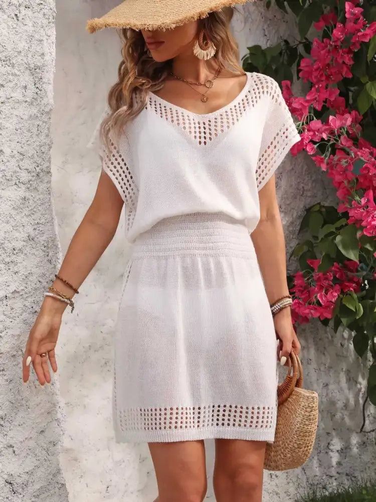 Openwork V-Neck Short Sleeve Cover-Up Dress