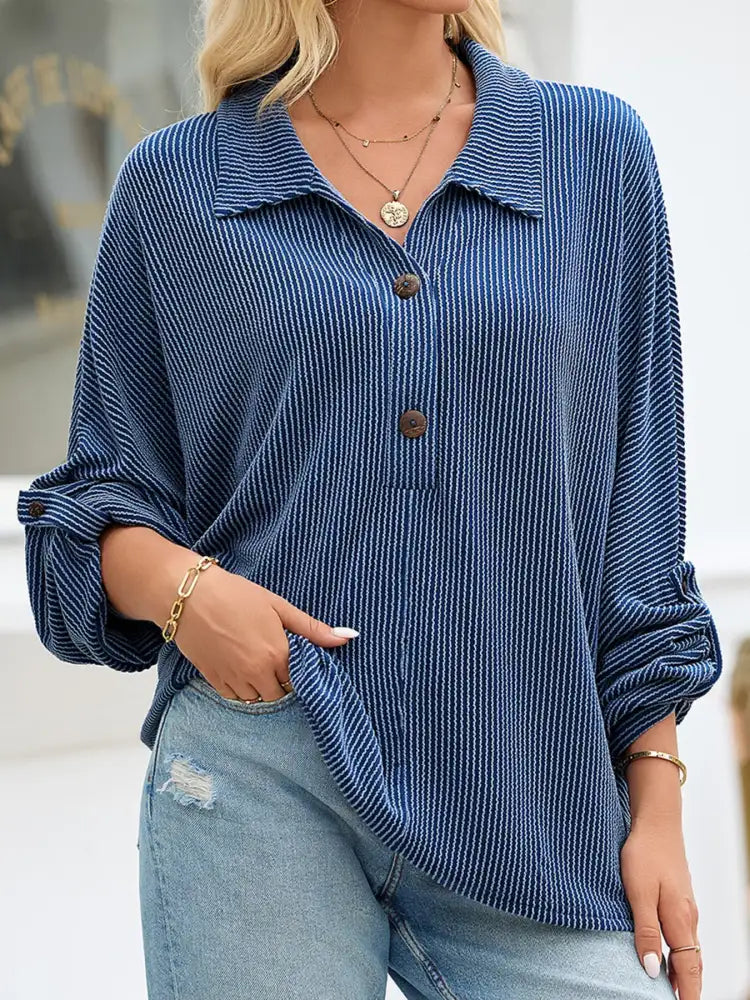 Oversized Twist Ribbed Collared Henley Top with Roll Up Sleeve