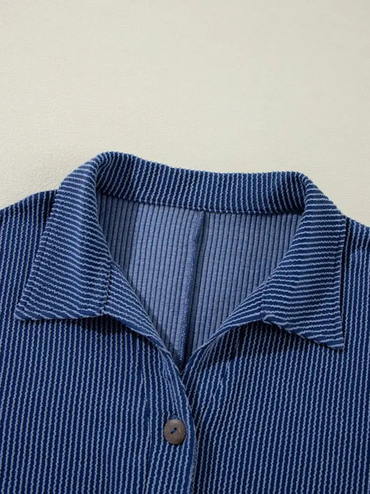 Oversized Twist Ribbed Collared Henley Top with Roll Up Sleeve