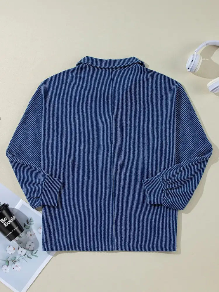 Oversized Twist Ribbed Collared Henley Top with Roll Up Sleeve