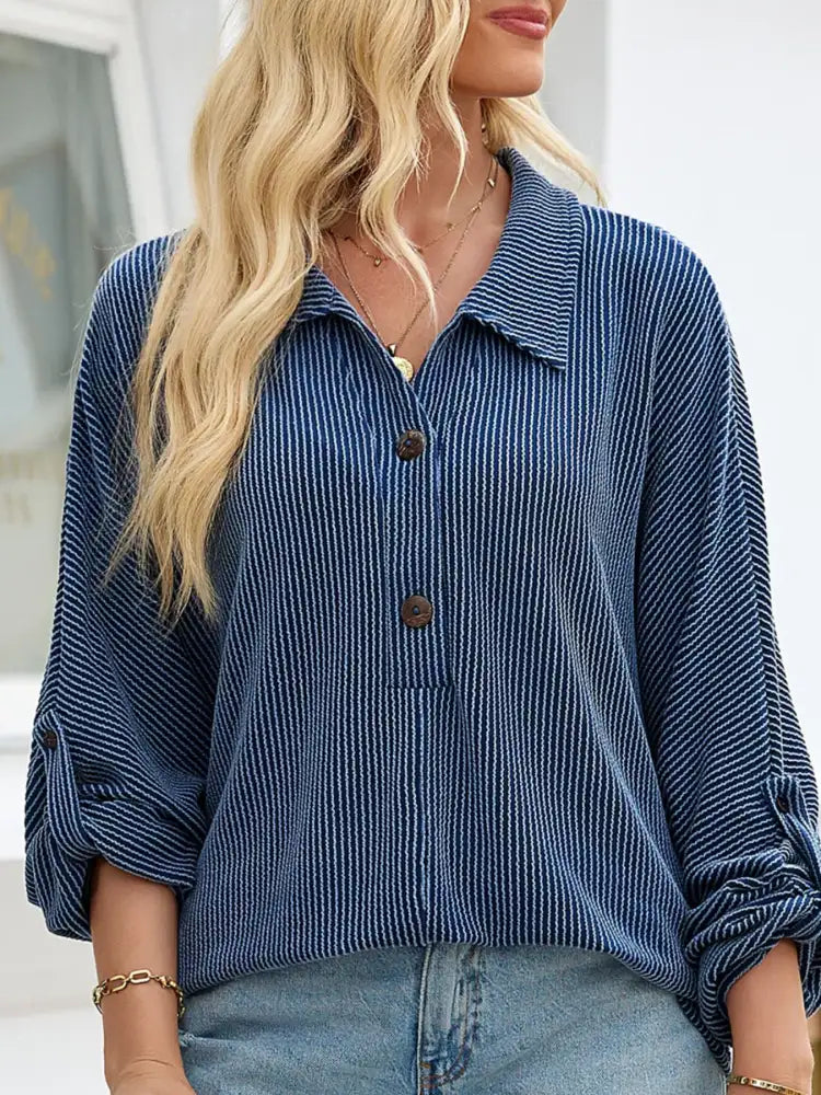 Oversized Twist Ribbed Collared Henley Top with Roll Up Sleeve