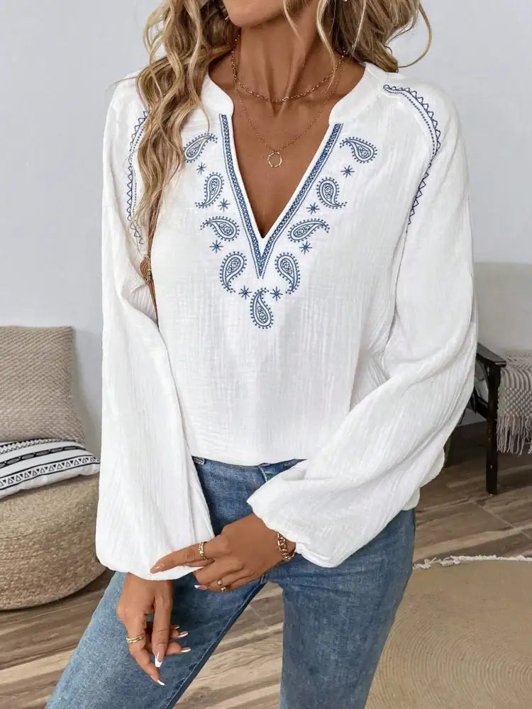 Paisley Pattern Notched Long Sleeve Blouse