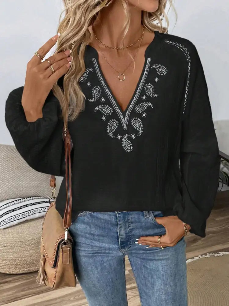 Paisley Pattern Notched Long Sleeve Blouse