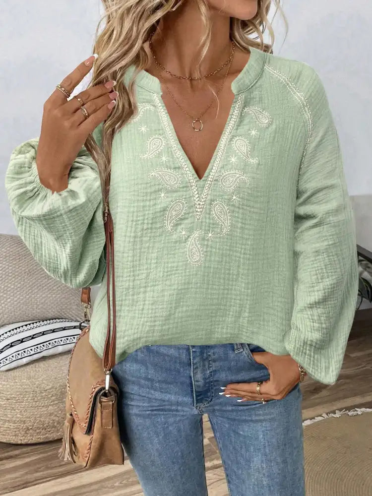 Paisley Pattern Notched Long Sleeve Blouse