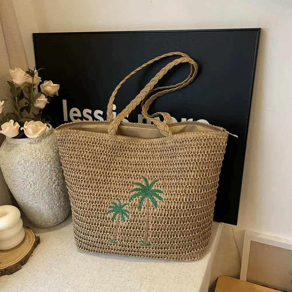Palm Tree Woven Straw Shoulder Bag
