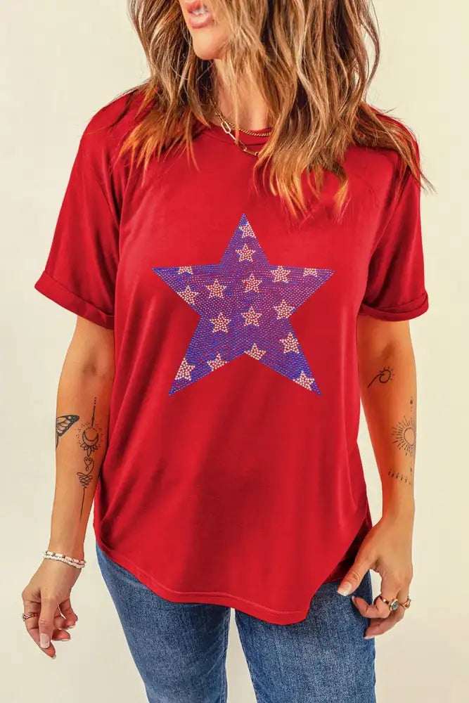 Patriotic Star Round Neck T-Shirt