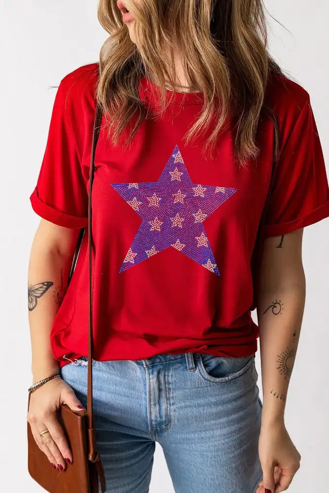 Patriotic Star Round Neck T-Shirt