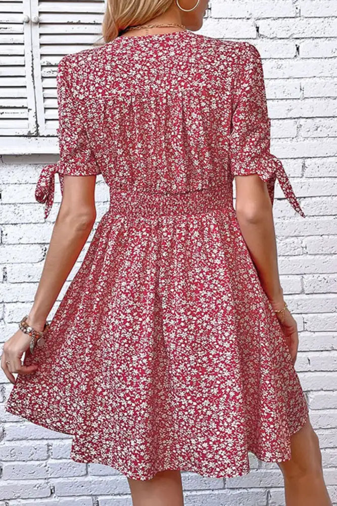 Perfee Ditsy Floral Tied Puff Sleeve Button Front Dress