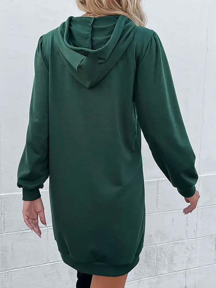 Perfee Drawstring Puff Sleeve Hooded Dress