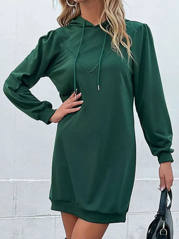 Perfee Drawstring Puff Sleeve Hooded Dress