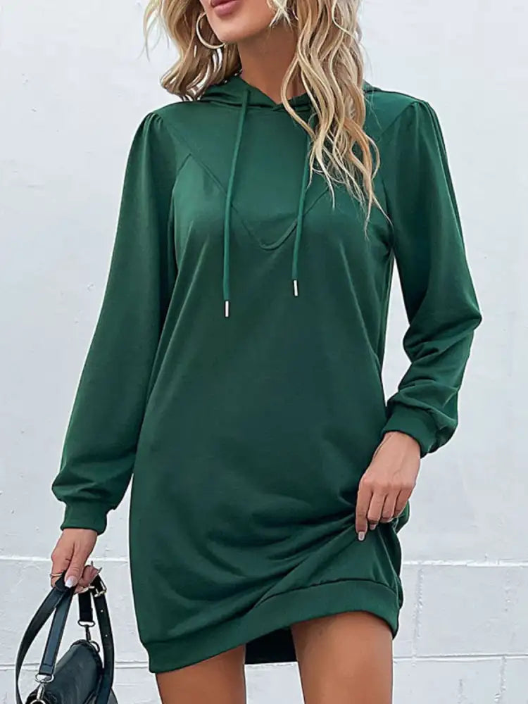 Perfee Drawstring Puff Sleeve Hooded Dress