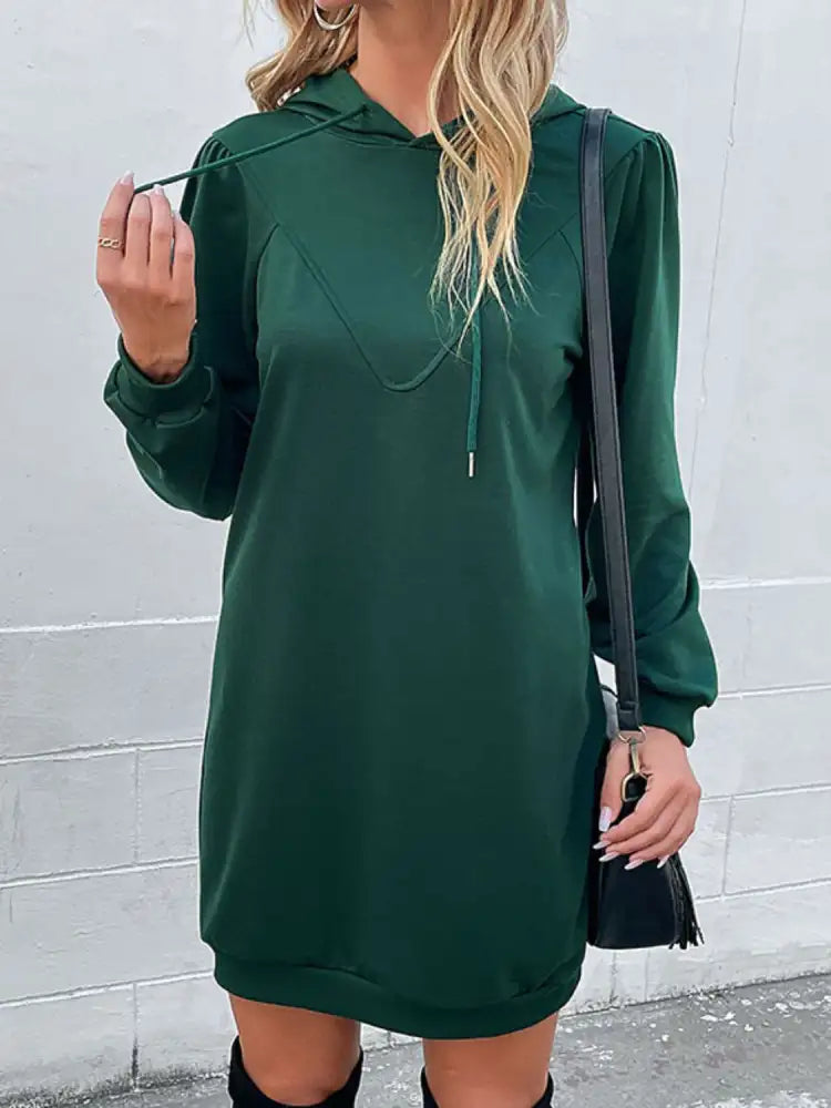 Perfee Drawstring Puff Sleeve Hooded Dress