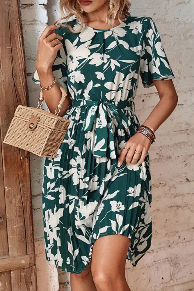Perfee Floral Round Neck Tie Belt Pleated Dress