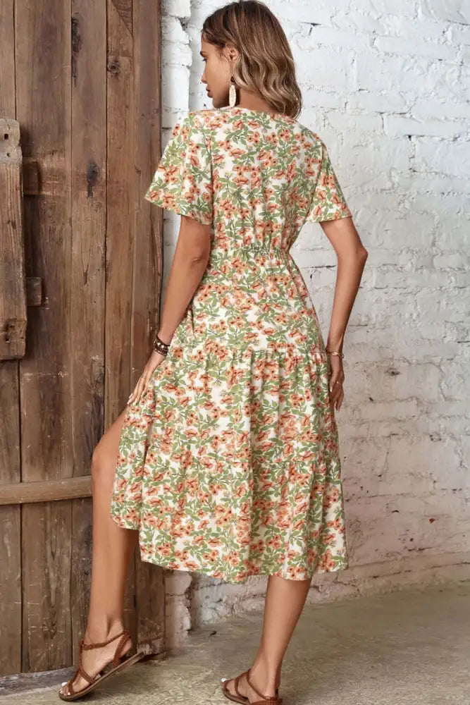 Perfee Floral V-Neck Front Slit Dress
