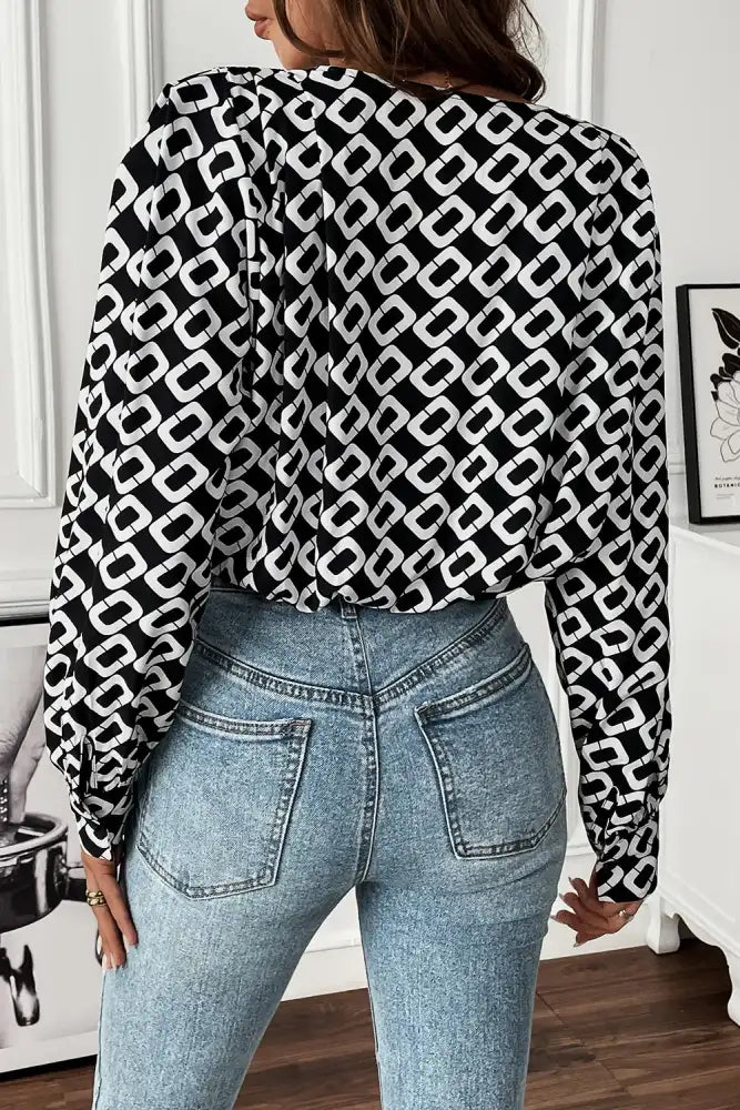 Perfee Geometric V-Neck Long Sleeve Blouse