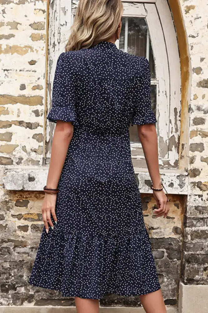 Perfee Polka Dot Tie Front Ruffled Midi Dress