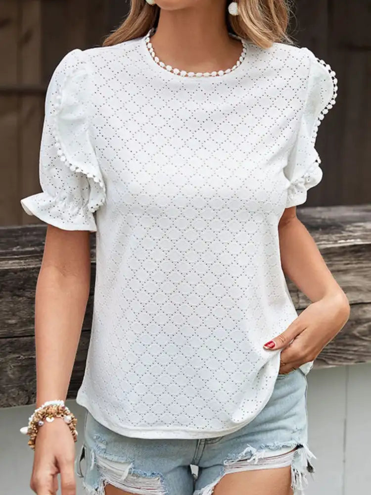 Perfee Pom Detail Openwork Flounce Sleeve Blouse