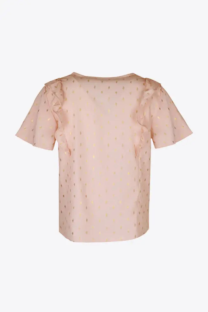 Perfee Printed Ruffle Trim Pleated Detail Blouse