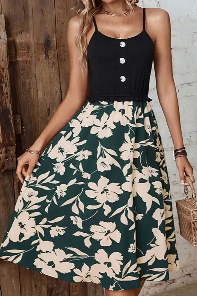 Perfee Two-Tone Decorative Button Frilled Dress