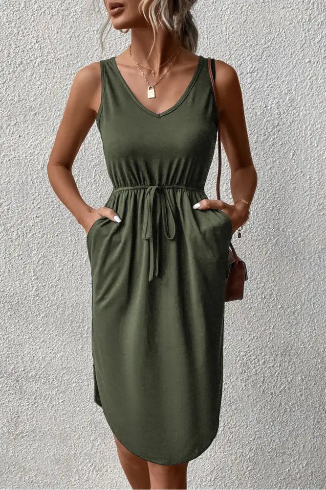 Perfee V-Neck Curved Hem Sleeveless Dress