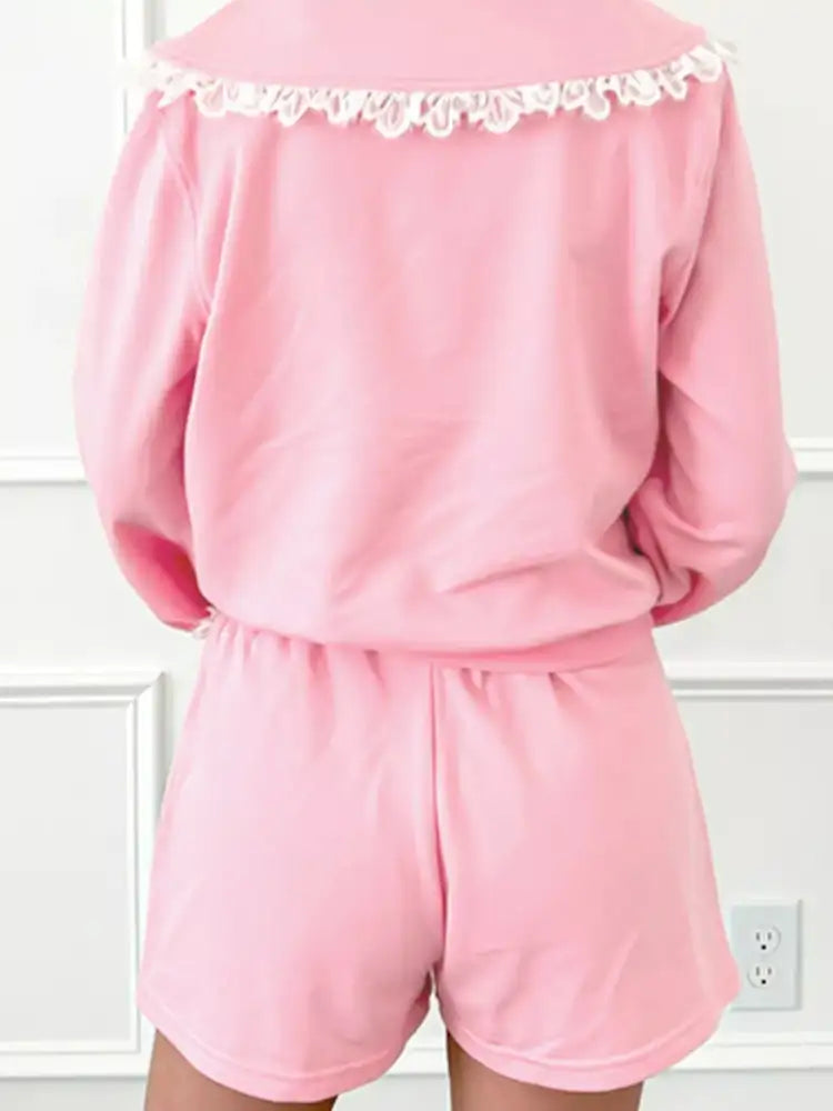 Peter Pan Lace Embellished Neck Sweatshirt and Skirt Two Piece Set