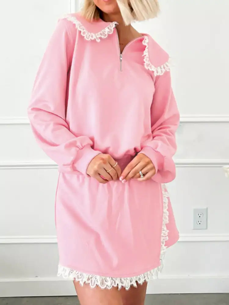 Peter Pan Lace Embellished Neck Sweatshirt and Skirt Two Piece Set