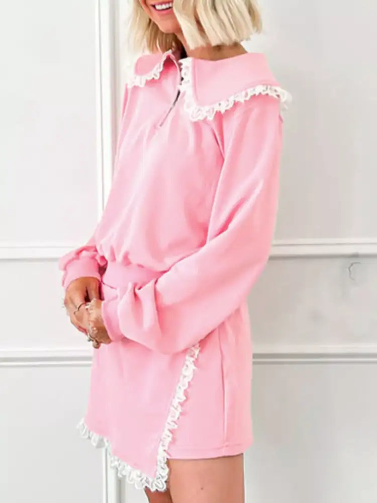 Peter Pan Lace Embellished Neck Sweatshirt and Skirt Two Piece Set