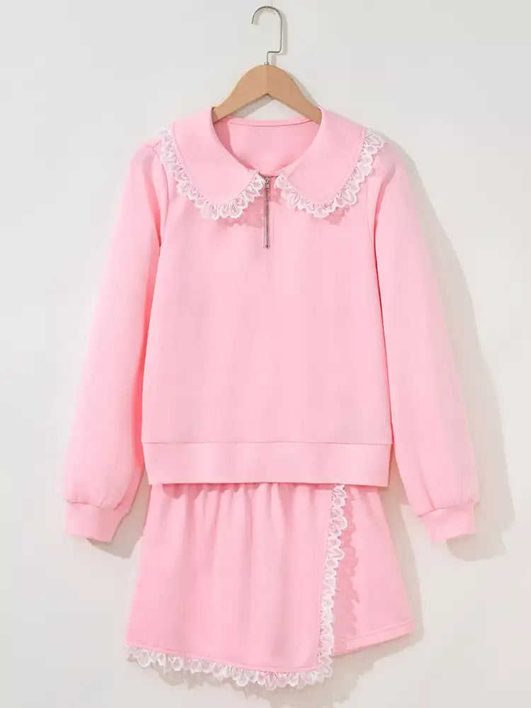 Peter Pan Lace Embellished Neck Sweatshirt and Skirt Two Piece Set