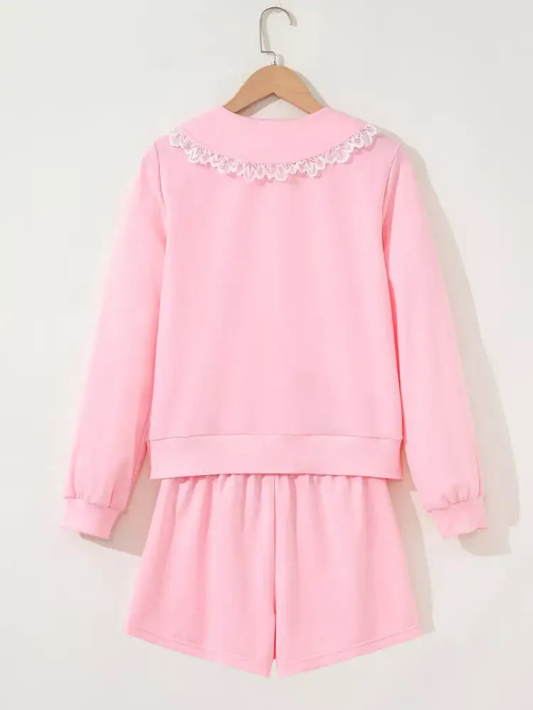 Peter Pan Lace Embellished Neck Sweatshirt and Skirt Two Piece Set