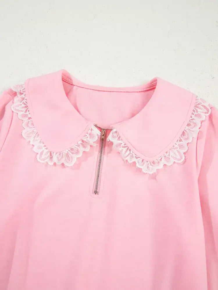 Peter Pan Lace Embellished Neck Sweatshirt and Skirt Two Piece Set