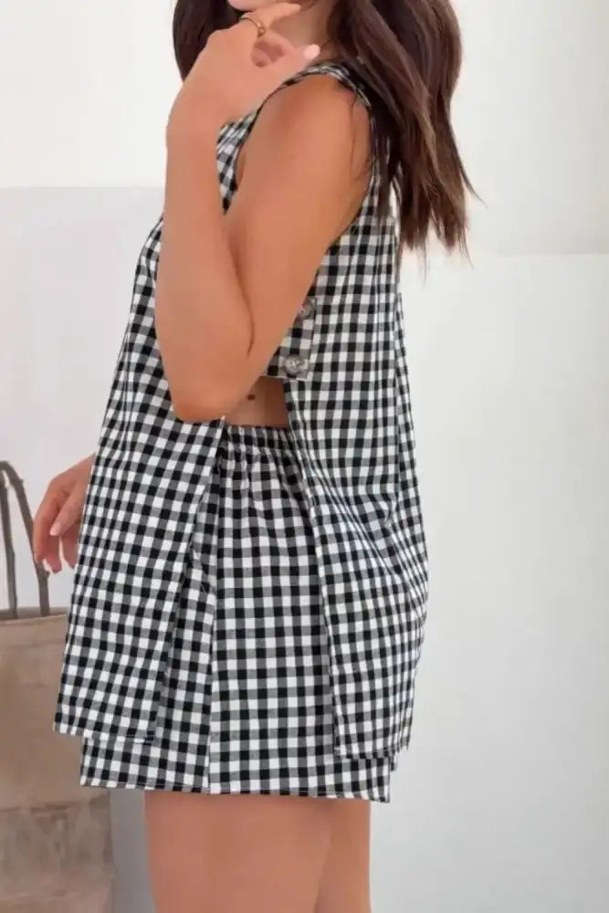 Plaid Button Up Vest and Shorts Set