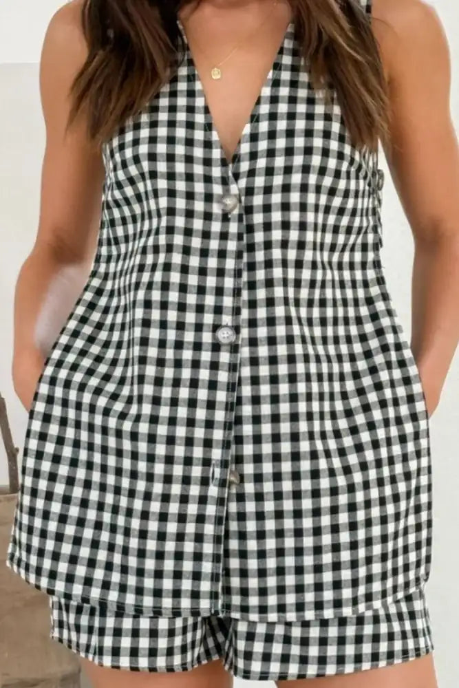 Plaid Button Up Vest and Shorts Set