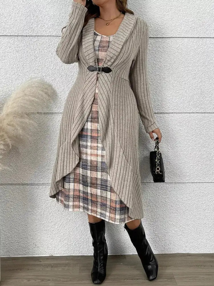 Plaid Cami Dress and Ribbed Cardigan Set