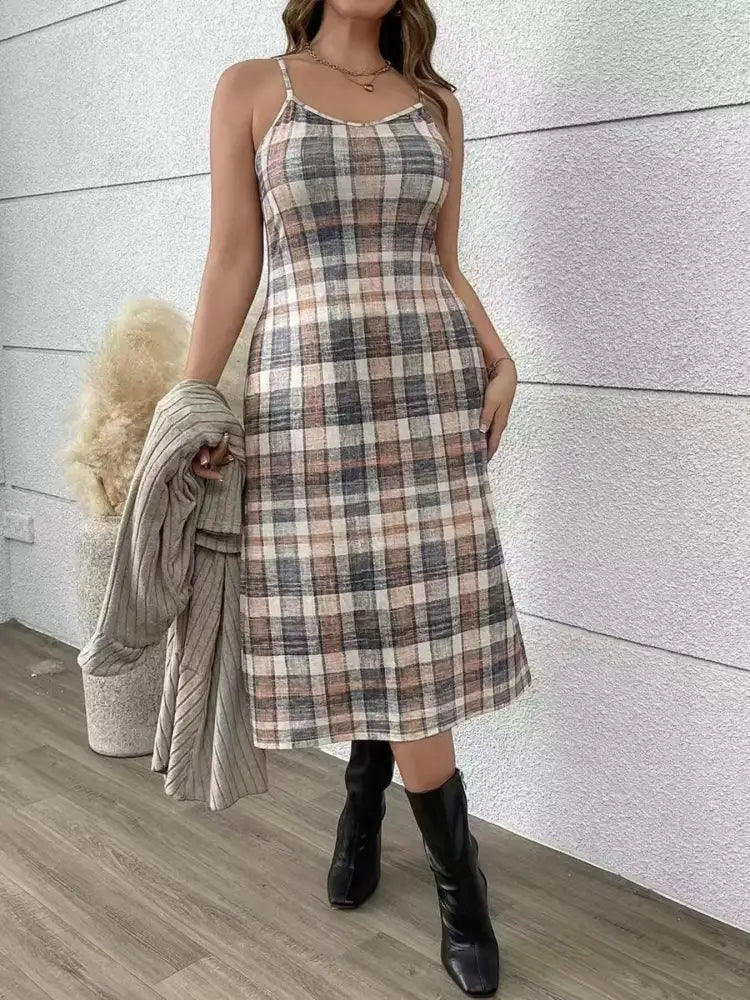 Plaid Cami Dress and Ribbed Cardigan Set