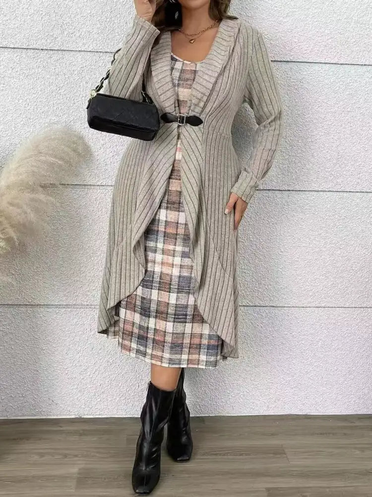 Plaid Cami Dress and Ribbed Cardigan Set