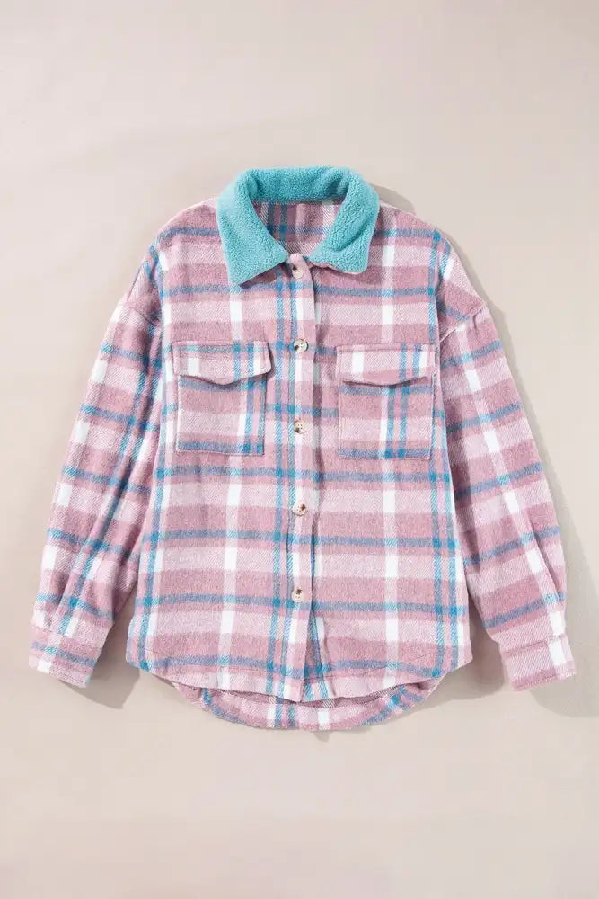 Plaid Collared Neck Flap Pockets Shacket