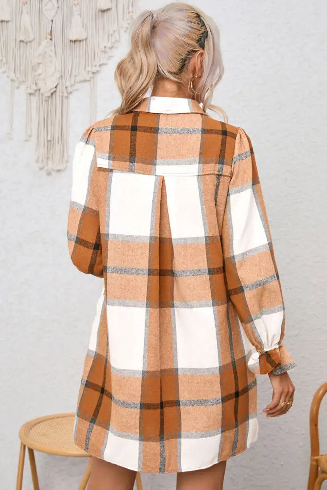 Chic Plaid Women’s Collared Neck Long Sleeve Dress