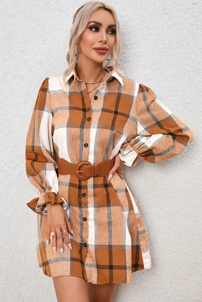 Chic Plaid Women’s Collared Neck Long Sleeve Dress