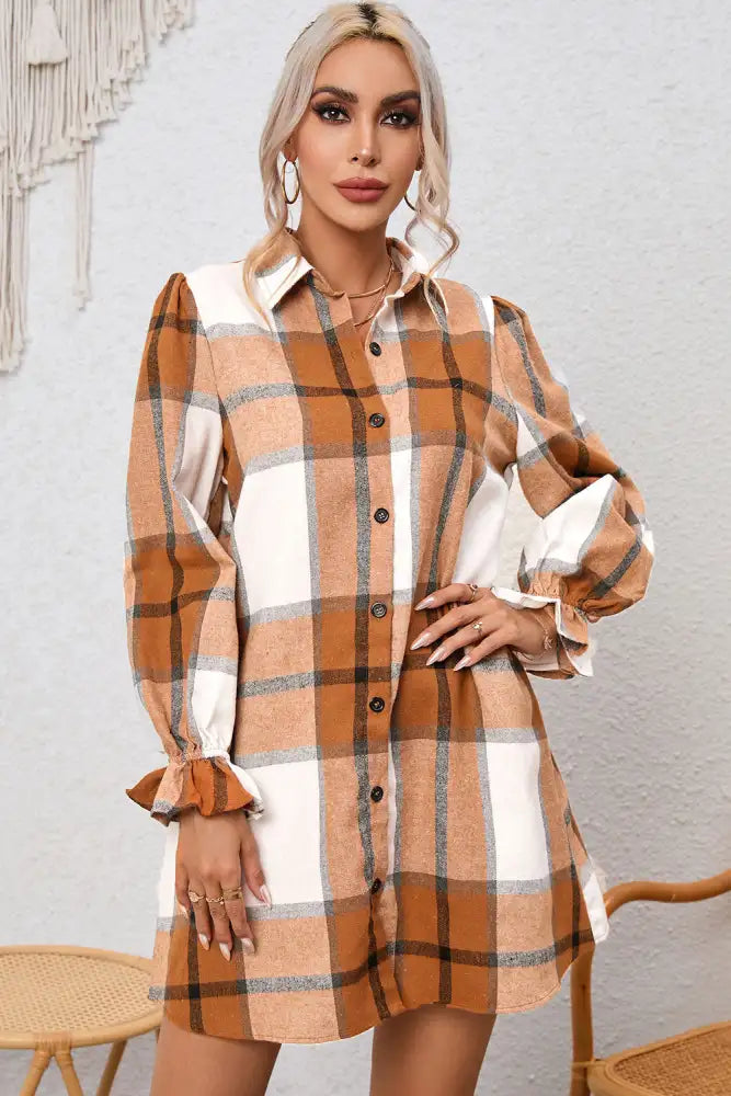 Chic Plaid Women’s Collared Neck Long Sleeve Dress